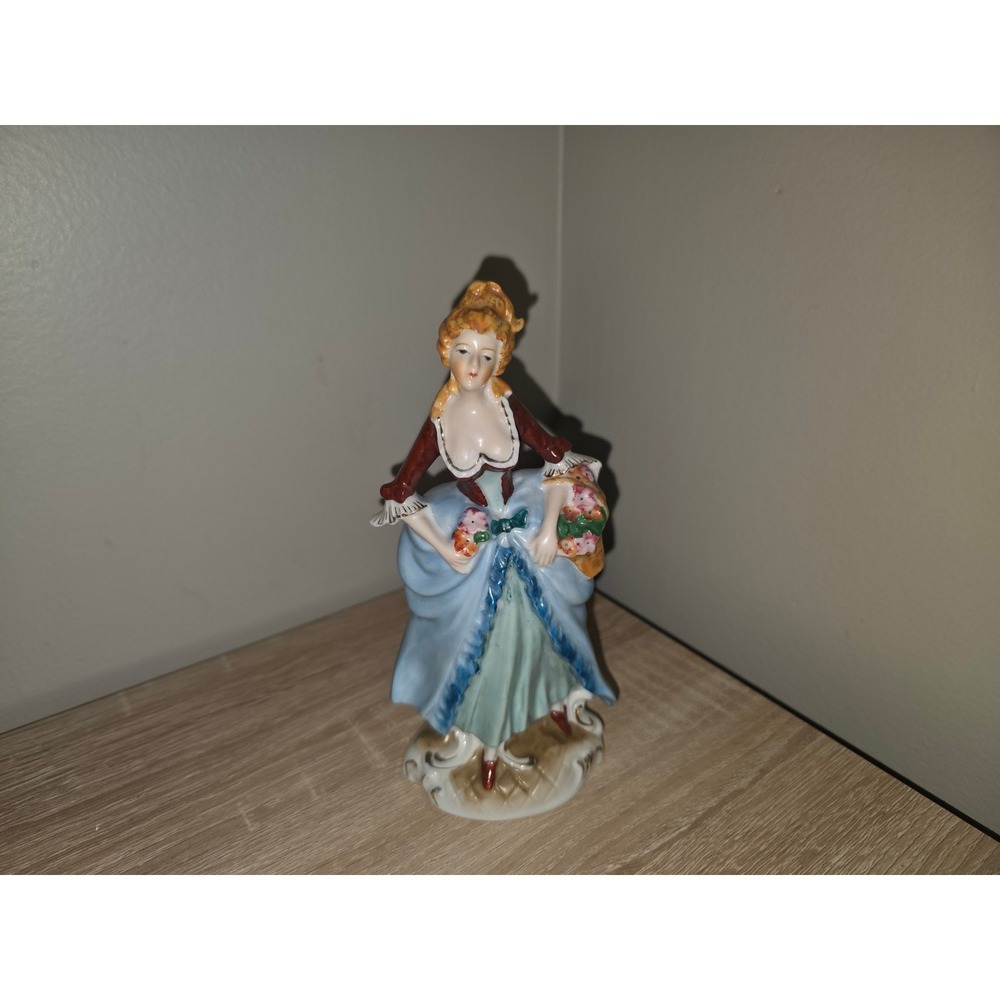 Vintage Occupied Japan Porcelain Colonial Lady Figurine Woman Flower Basket Blue